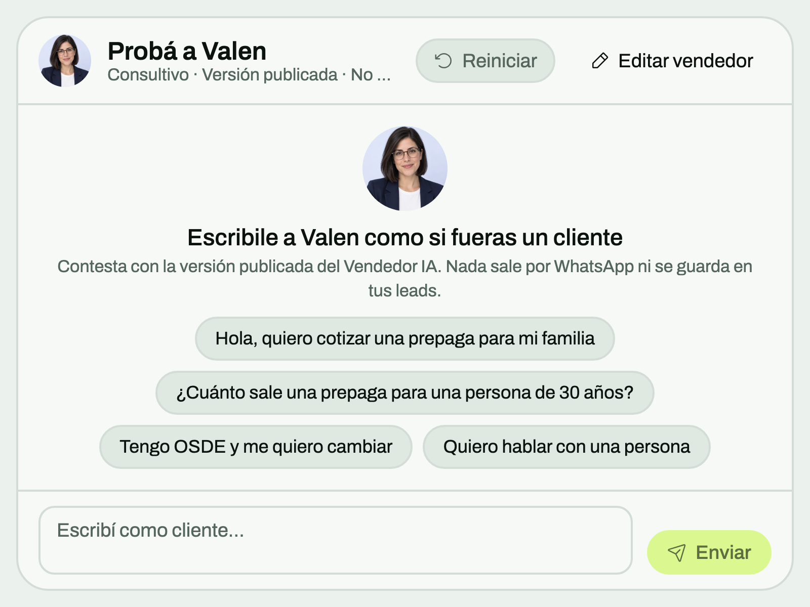 Pantalla Probar vendedor de bende: chat de prueba con la vendedora IA Valen